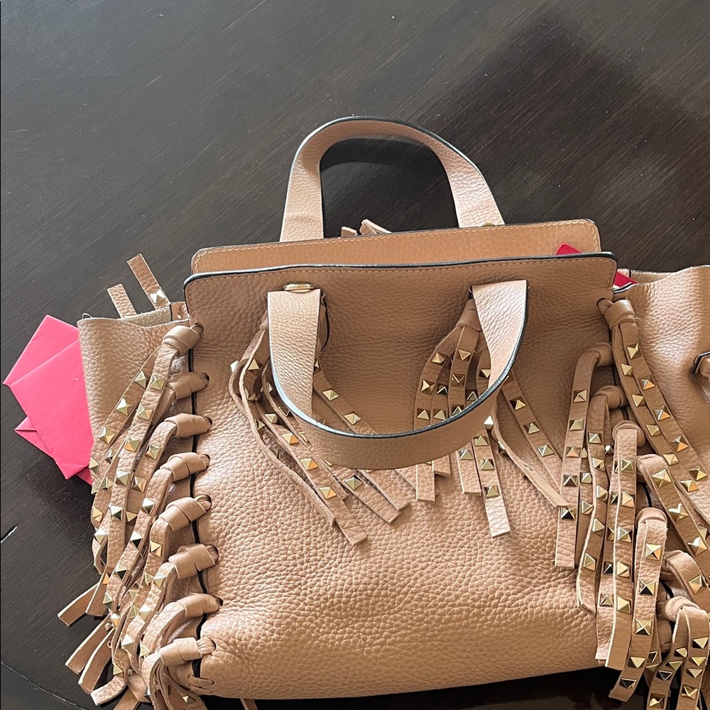 Valentino Tan Leather Tote with Fringe and Studs